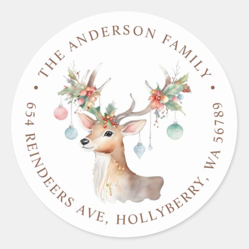 Whimsical Reindeer Christmas Return Address Classic Round Sticker