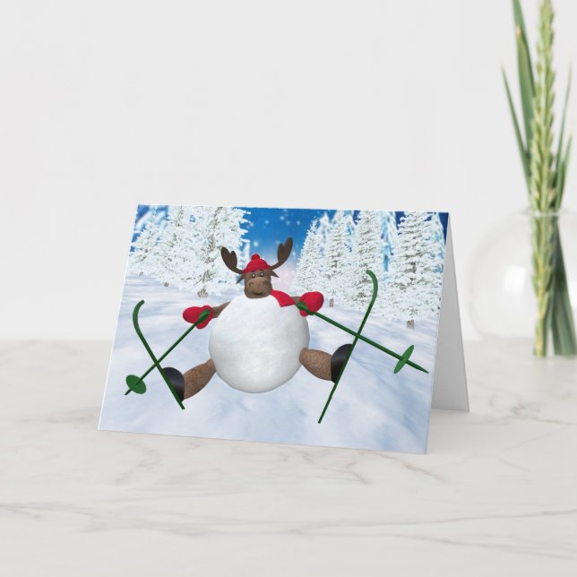 Whimsical Reindeer: Clumsy Skier Holiday Card (Front)