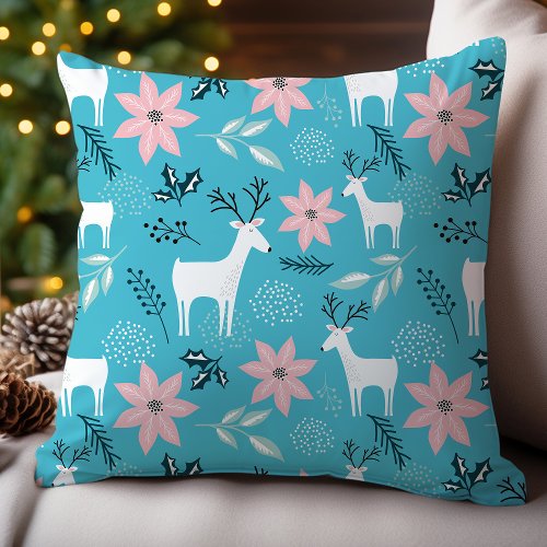 Whimsical Reindeer Floral Poinsettia Christmas Throw Pillow