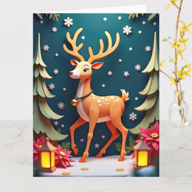 Whimsical Reindeer in Snowy Forest Christmas Art Card (Yellow Flower)
