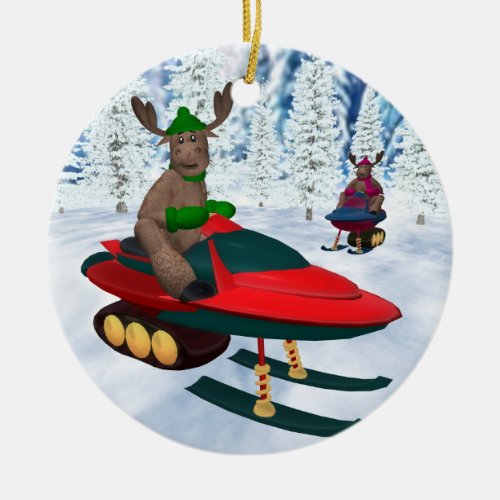 Whimsical Reindeer on Snowmobiles Ceramic Ornament