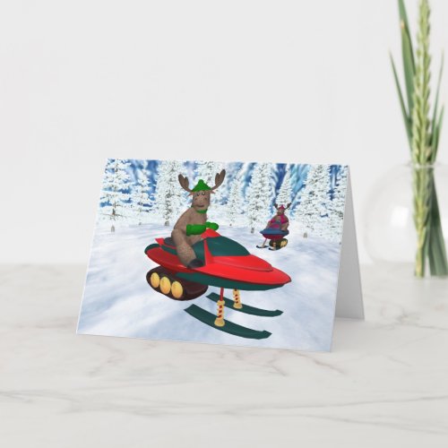Whimsical Reindeer on Snowmobiles Holiday Card