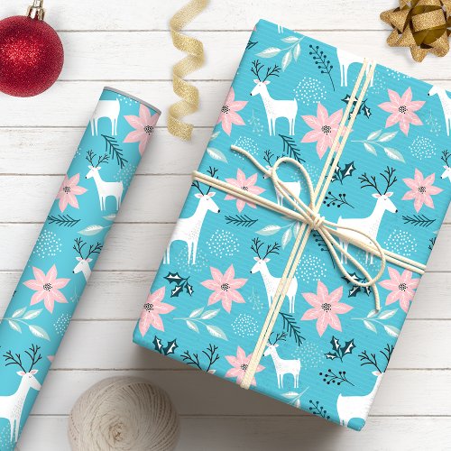 Whimsical Reindeer &Amp;Amp; Poinsettia Floral Christmas Wrapping Paper