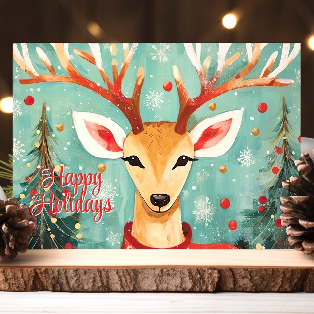 Whimsical Reindeer with Christmas Trees Holiday Card (Creator Uploaded)