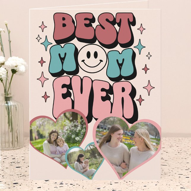 Whimsical Retro Best Mom Heart Shaped Photo Card (Best Mom Ever Retro Multi Photo Mother's Day Card by Darling & May)