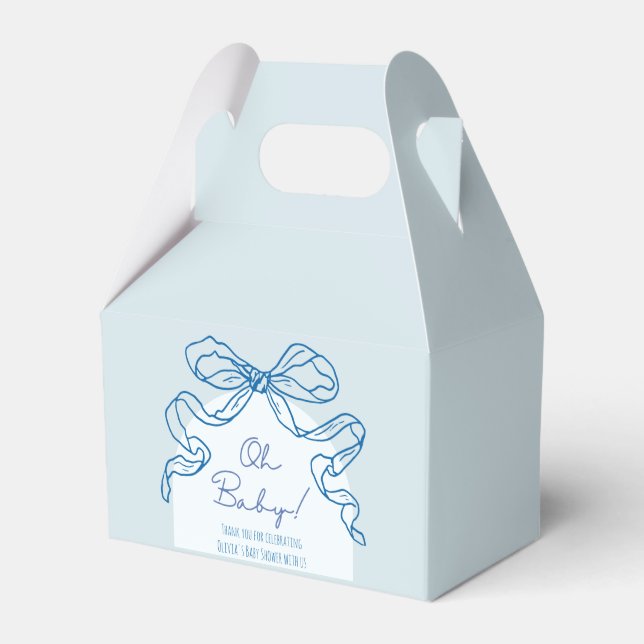 Whimsical Retro Blue Hand Drawn Bow Baby Shower Favor Boxes (Front Side)