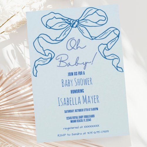 Whimsical Retro Blue Hand Drawn Bow Oh Baby Shower Invitation