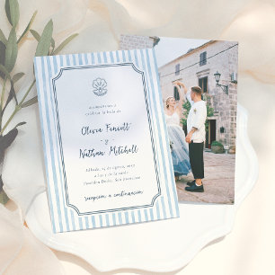 Whimsical Retro Blue Stripes Spanish Wedding Invitation