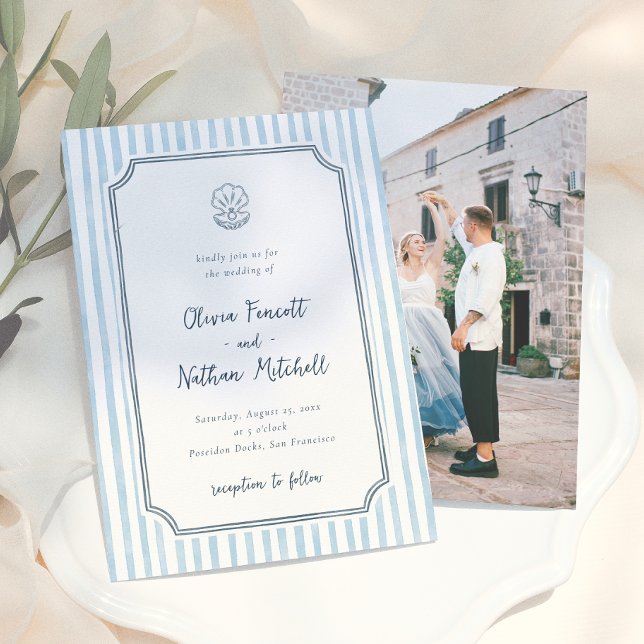 Whimsical Retro Blue Stripes Wedding Invitation (Creator Uploaded)