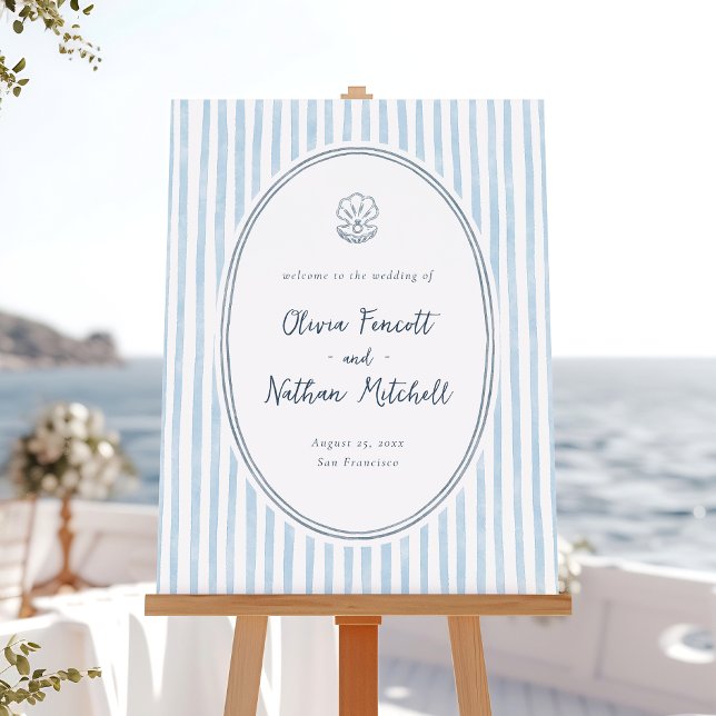 Whimsical Retro Blue Stripes Wedding Welcome Sign (Creator Uploaded)