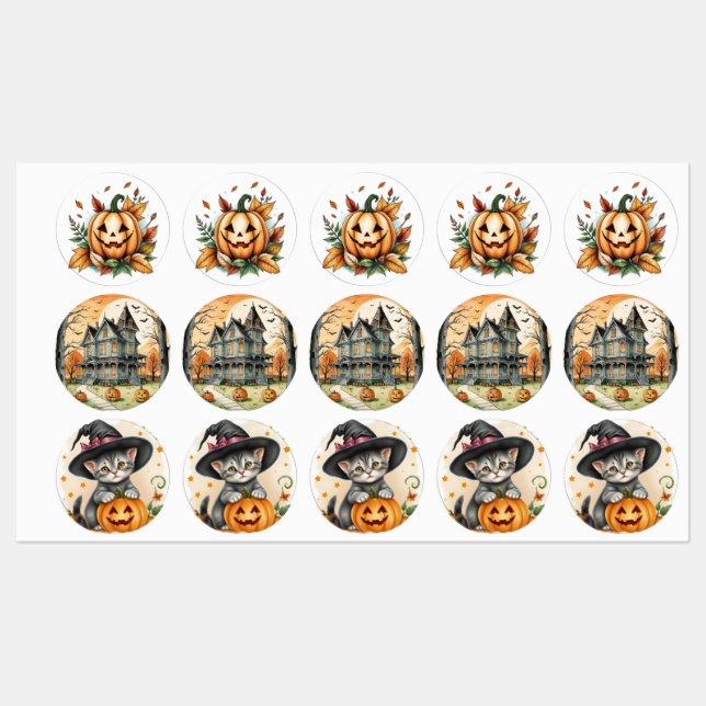 Whimsical Retro Boho Halloween Witchy Kitten, Labels (Sheet)