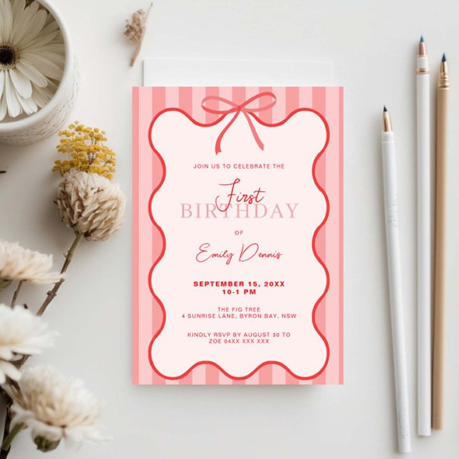 Whimsical Retro Border First Birthday Party Invitation (Creator Uploaded)