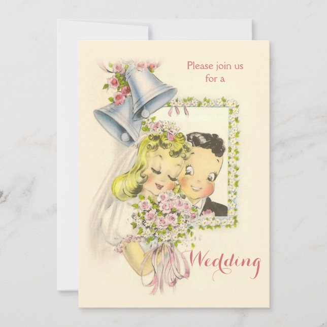 Whimsical Retro Bride and Groom Wedding Invitation (Front)