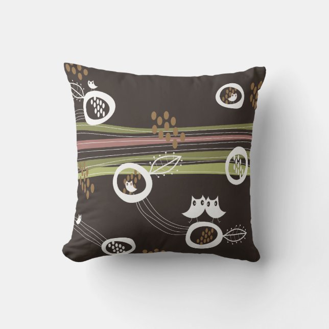 Whimsical Retro Brown Owls Family Nest Cute Cushio Throw Pillow (Front)