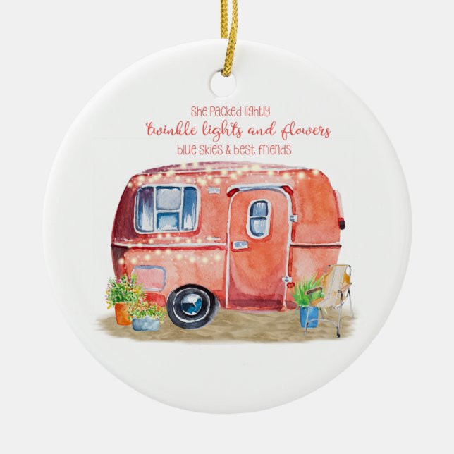 Whimsical Retro Camper Caravan Friends Quote Ceramic Ornament (Front)