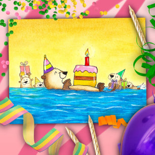 Whimsical Retro Cartoon Seaotter Sunset Birthday Postcard