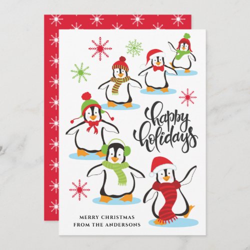 Whimsical Retro Cartoon Skating Penguins Red Holiday Card