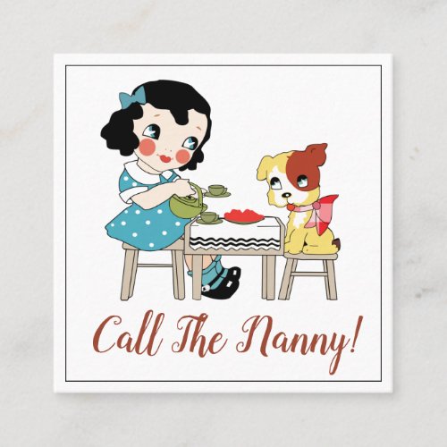 Whimsical Retro Child And Dog Tea Party Nanny Square Business Card