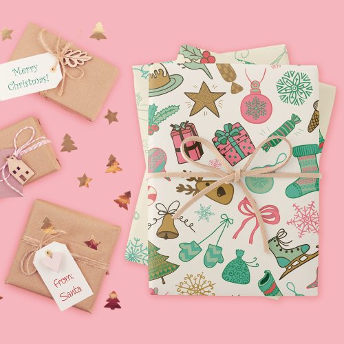 Whimsical Retro Christmas Doodles Wrapping Paper Sheets