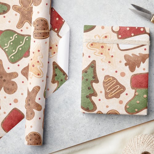 Whimsical Retro Christmas Gingerbread Watercolor  Wrapping Paper