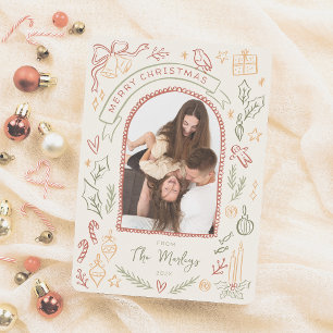 Whimsical Retro Christmas Illustrations Arch Photo Holiday Card