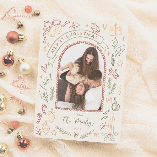 Whimsical Retro Christmas Illustrations Arch Photo Holiday Card