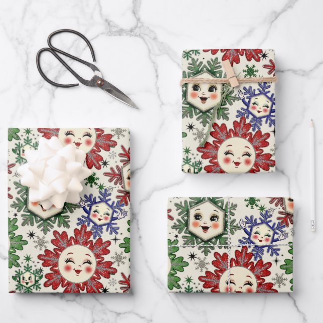 Whimsical Retro Christmas Snowflakes Wrapping Paper Sheets (Front)