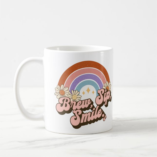 Whimsical Retro Design Featuring Brew Sip Smile  Coffee Mug (Left)