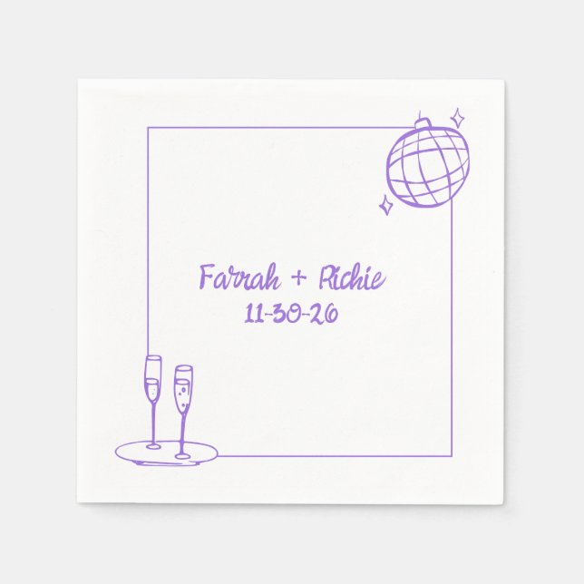 Whimsical Retro Disco Personalized Purple Wedding  Napkins (Front)