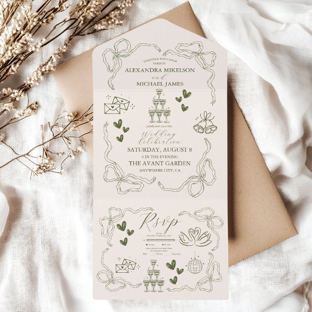 Whimsical Retro Doodle Art Wedding All In One Invitation (Creator Uploaded)