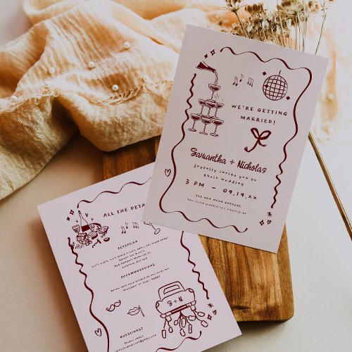 Whimsical Retro Doodle Art  Wedding Invitation