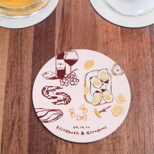 Whimsical Retro Doodle Art  Wedding  Round Paper Coaster
