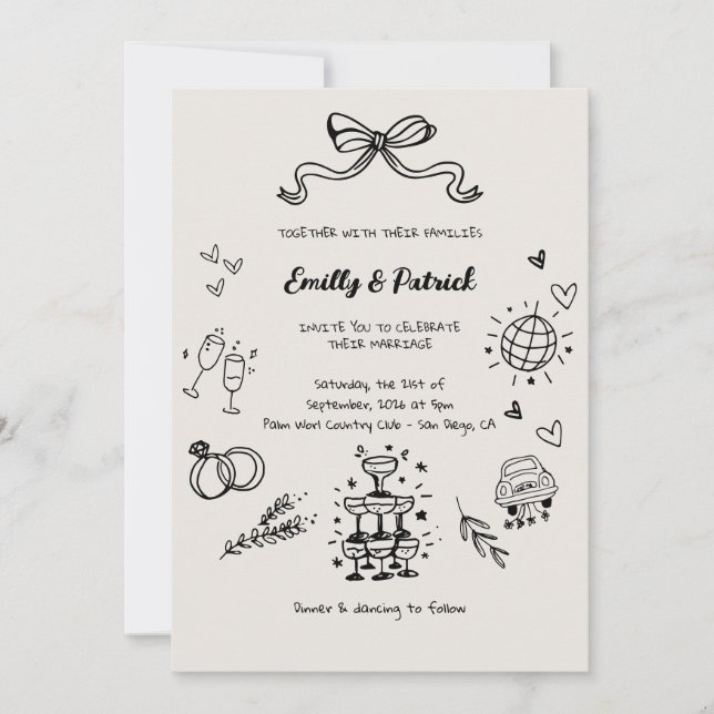 Whimsical Retro Doodle Wedding Invitation (Front)
