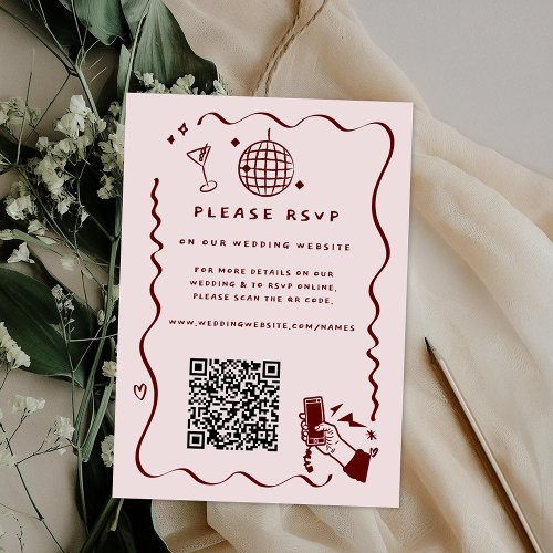 Whimsical Retro Doodle  Wedding Website QR Code Enclosure Card