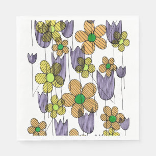 Whimsical Retro Floral Doodle Geometric Square Pap Napkins