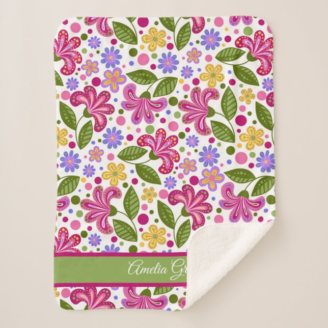 Whimsical Retro Floral in Pinks and Greens Sherpa Blanket (Front)