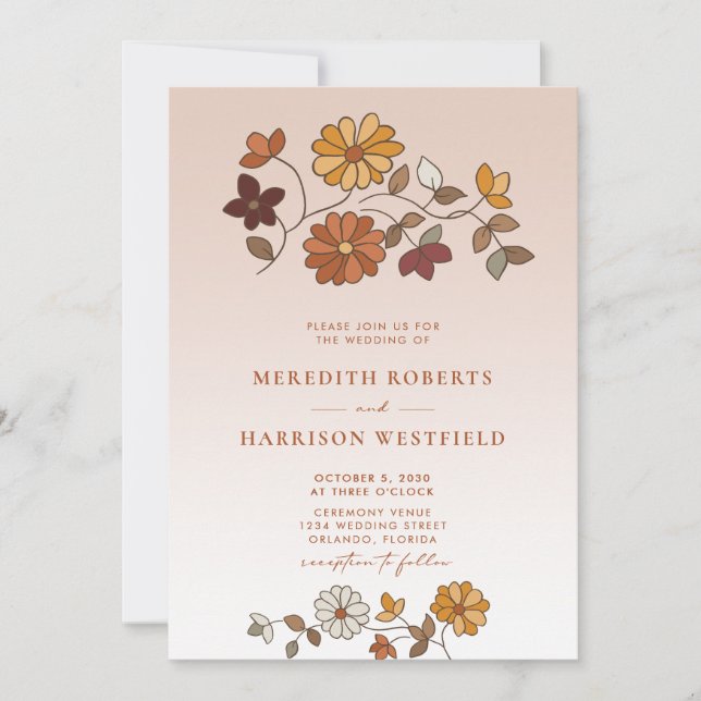 Whimsical Retro Floral QR Code Wedding Invitation (Front)