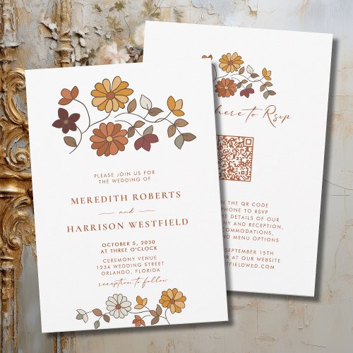 Whimsical Retro Floral QR Code Wedding Invitation
