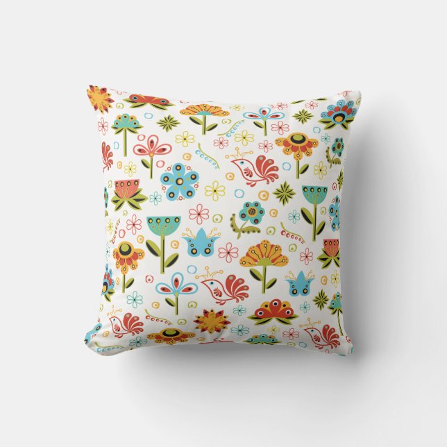 Whimsical Retro Flowers and Birds Throw Pillow (Front)