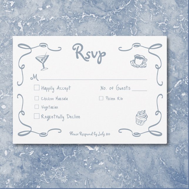 Whimsical Retro Hand Drawn Dusty Blue Wedding RSVP Card (Whimsical Retro Hand Drawn Dusty Blue Wedding RSVP Card)