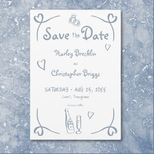 Whimsical Retro Hand Drawn Dusty Blue Wedding Save The Date