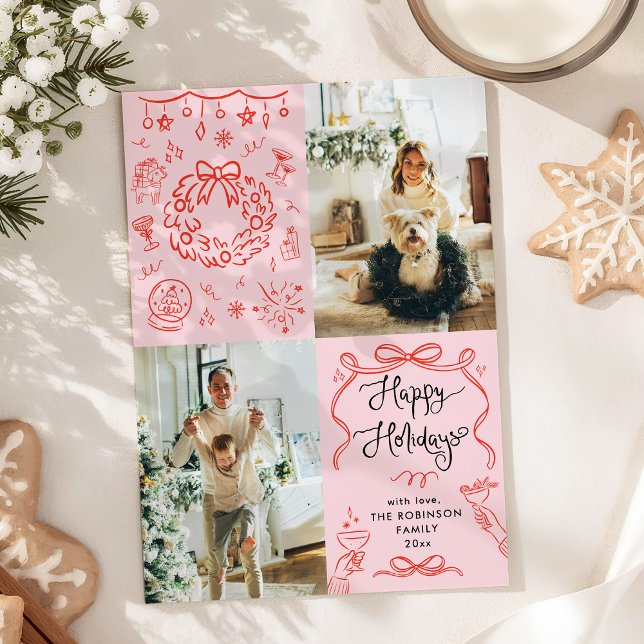 Whimsical Retro Hand Drawn Happy Holidays 2 Photo Holiday Card (Creator Uploaded)