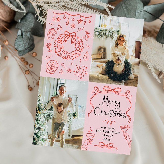 Whimsical Retro Hand Drawn Merry Christmas 2 Photo Holiday Card (Creator Uploaded)