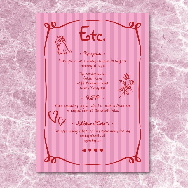 Whimsical Retro Hand Drawn Pink Red Stripe Wedding Enclosure Card (Whimsical Retro Hand Drawn Pink Red Stripe Wedding Enclosure Card)