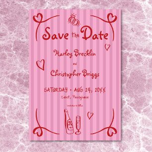 Whimsical Retro Hand Drawn Pink Red Stripe Wedding Save The Date
