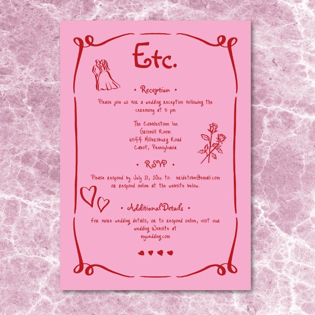 Whimsical Retro Hand Drawn Pink Red Wedding Detail Enclosure Card (Whimsical Retro Hand Drawn Pink Red Wedding Detail Enclosure Card)