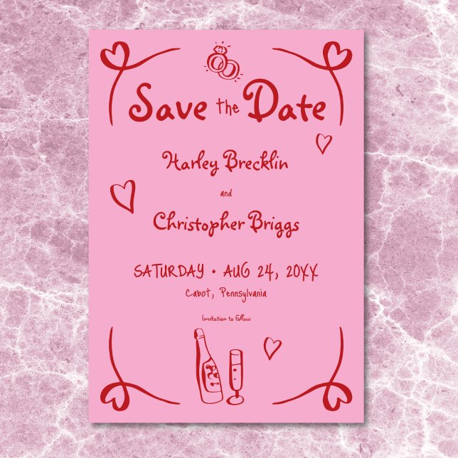 Whimsical Retro Hand Drawn Pink Red Wedding Save The Date (Whimsical Retro Hand Drawn Pink Red Wedding Save The Date)