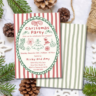 Whimsical Retro Hand Drawn Red Christmas Party Invitation