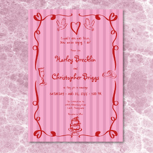 Whimsical Retro Hand Drawn Stripe Pink Red Wedding Invitation
