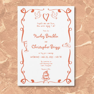 Whimsical Retro Hand Drawn Sunset Orange Wedding Invitation